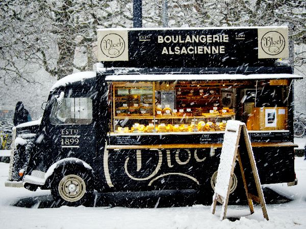 Food truck in snowy scene