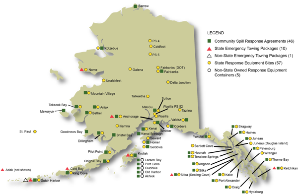 Map of Community Spill Response Agreements, Response Equipment Containers, and Emergency Towing Packages in Alaska