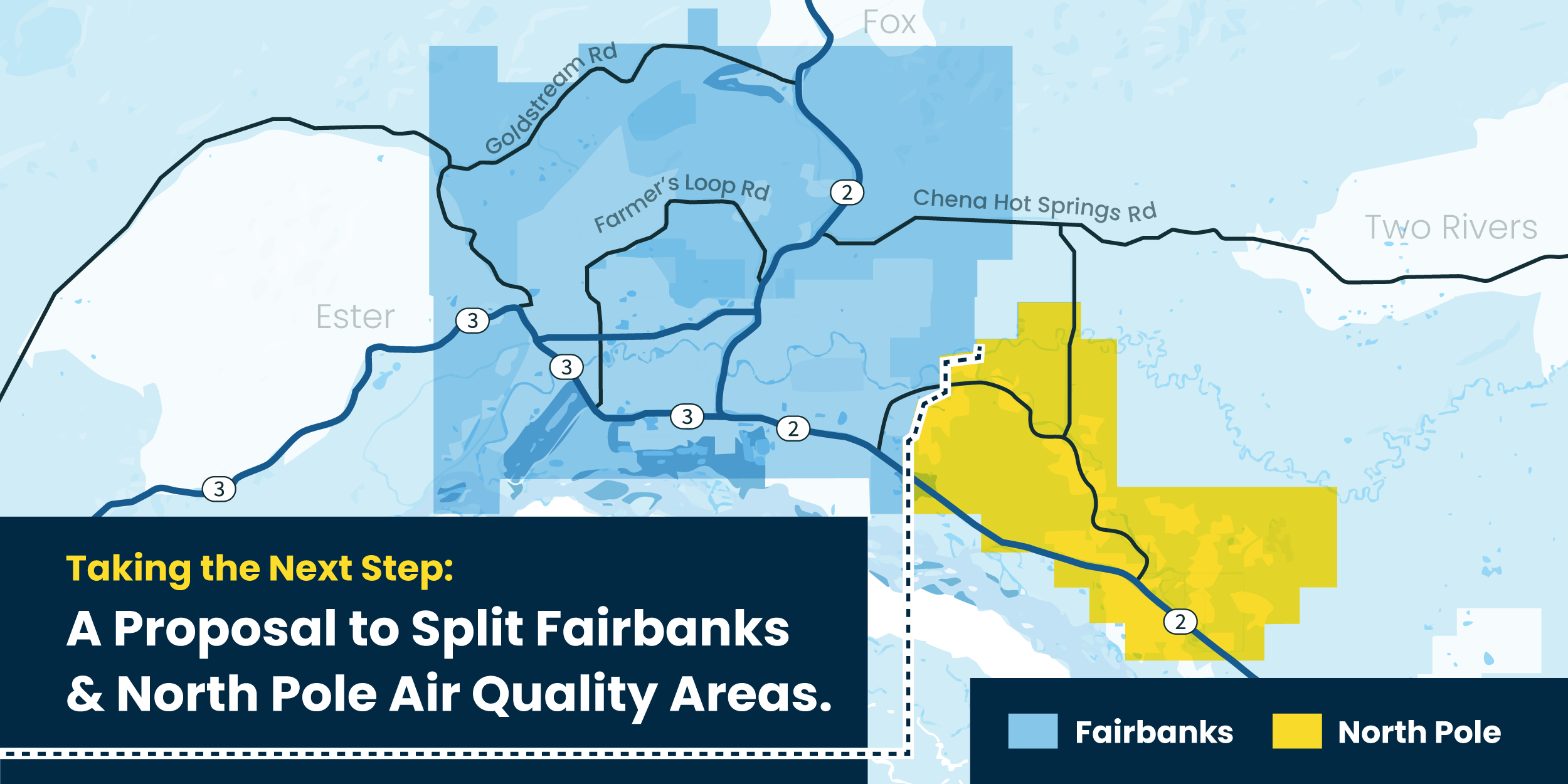 Map of FNSB PM2.5 nonattainment proposed area split: Fairbanks in blue and North Pole in yellow