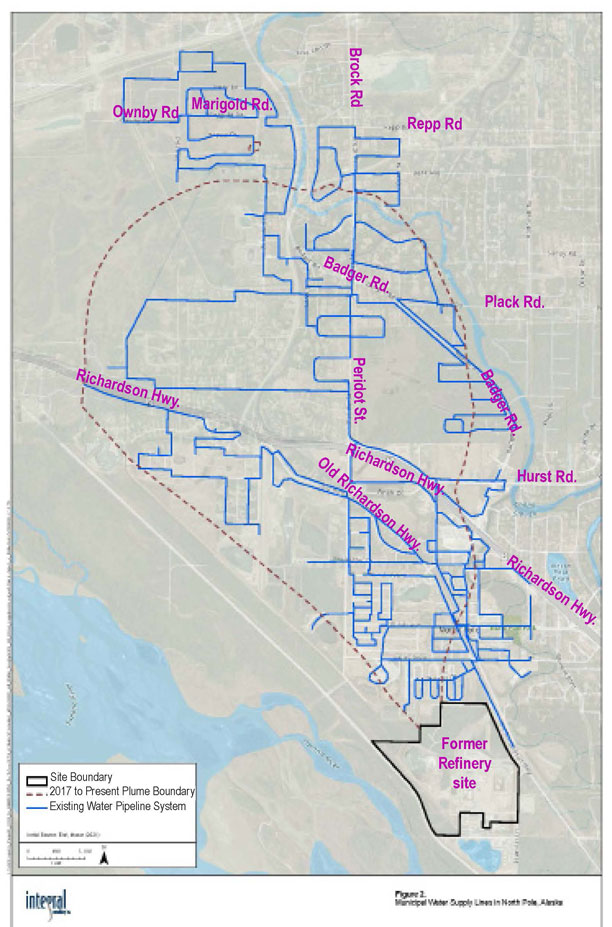 Map of estimated plume boundary with North Pole municipal water system shown