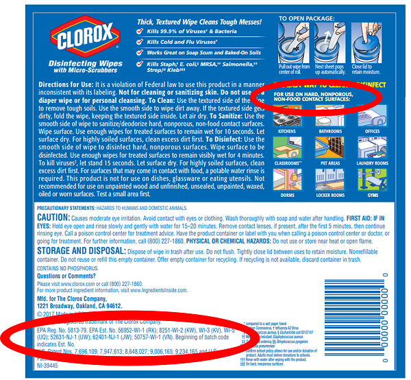 Clorox Sanitizer with EPA Label Circled