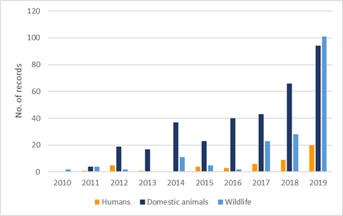 Figure 2: Tick submissions from 2010-2019 by host species (human, domestic animals, wildlife). Over the past 10 years, the number of ticks submission from all hosts has increased, but domestic animals and wildlife has increased the most substantially.
