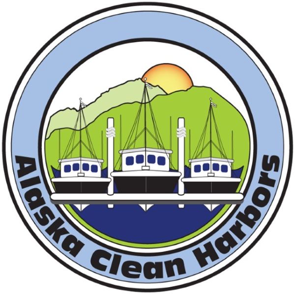picture of a logo with three boats at a harbor dock with sun behind mountain peaks