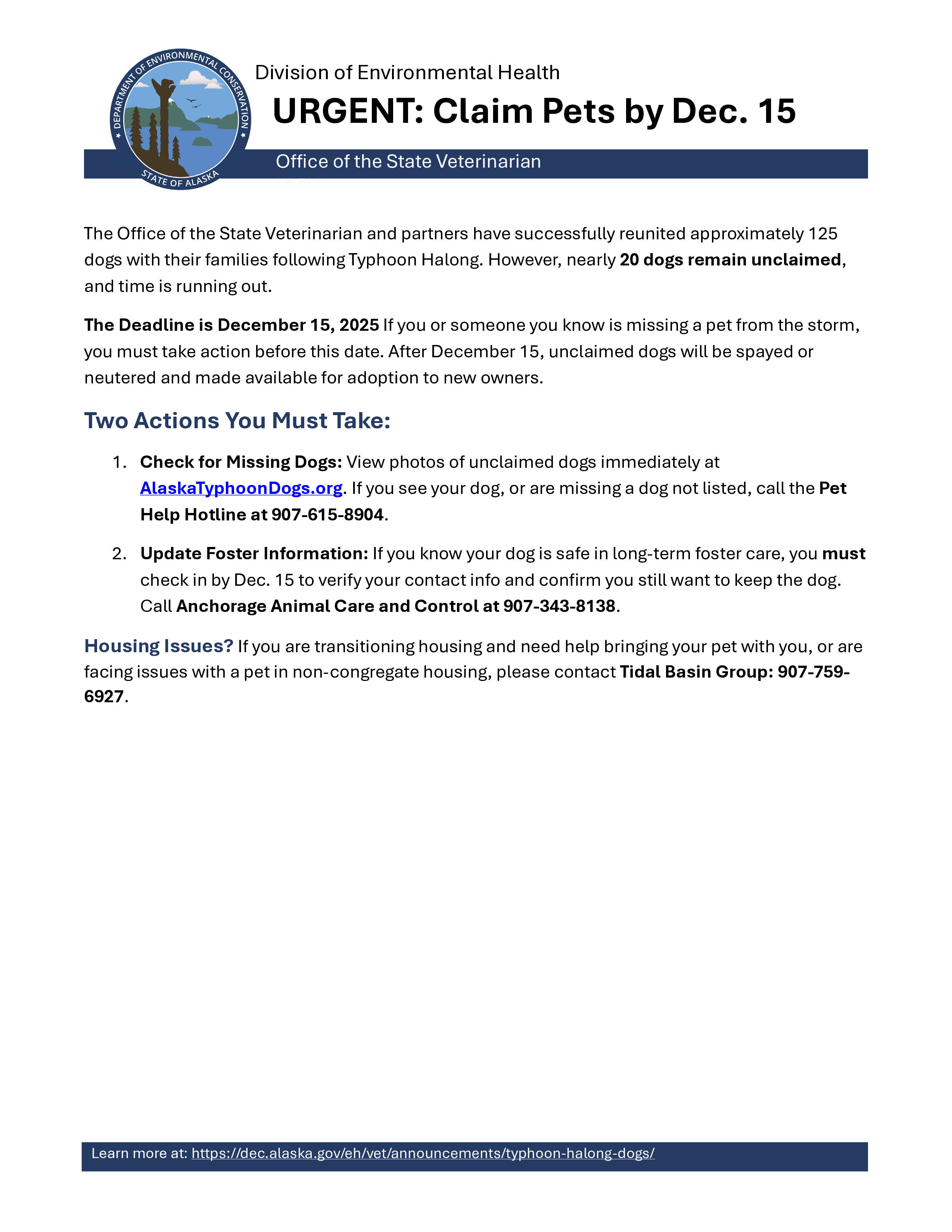 Deadline for claiming pets rescued from Typhoon Halong is December 15, 2025.