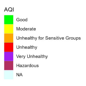 Air quality index (AQI) categories and colors legend. Good air quality corresponds to green, moderate to yellow, unhealthy for sensitive groups to orange, unhealthy to read, very unhealthy to purple, hazardous to maroon. Hours with non-calculable AQI are gray.