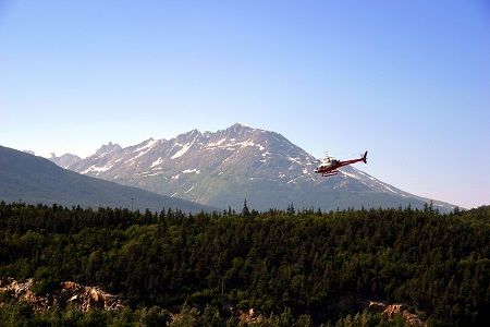 Helicopter flying over wilderness