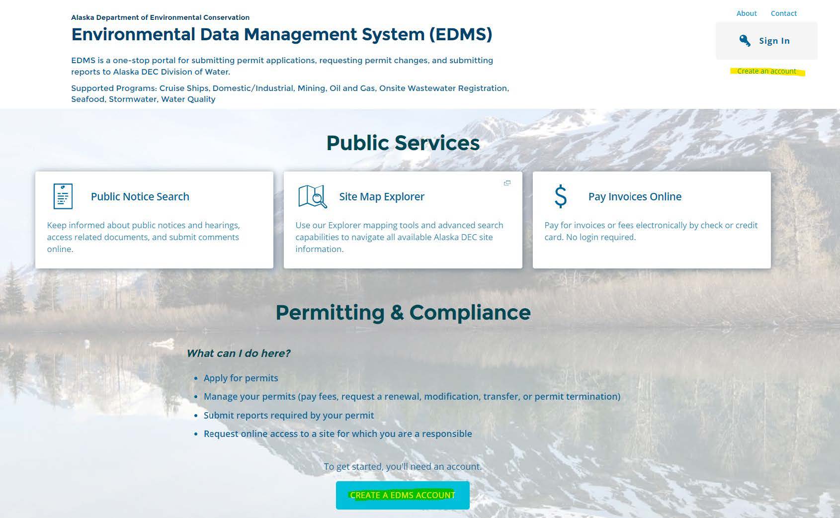 EDMS Home webpage