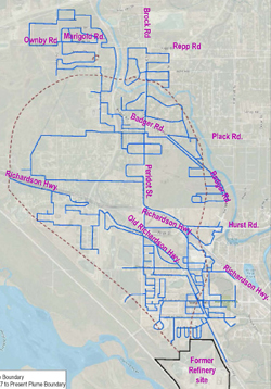 Estimated boundary of sulfolane groundwater plume, showing municipal water lines